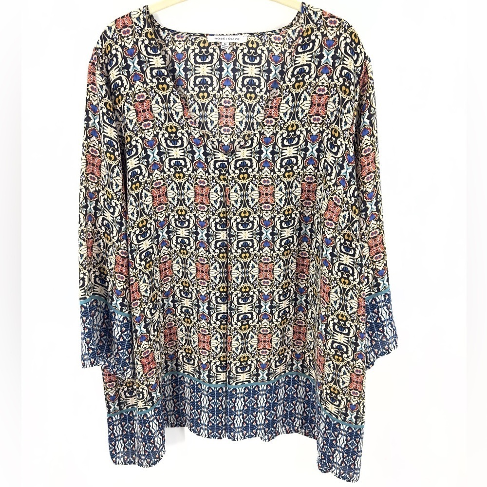 Rose + Olive Top Womens 3X Boho Indie Geometric Colorful Flowy Lightweight
